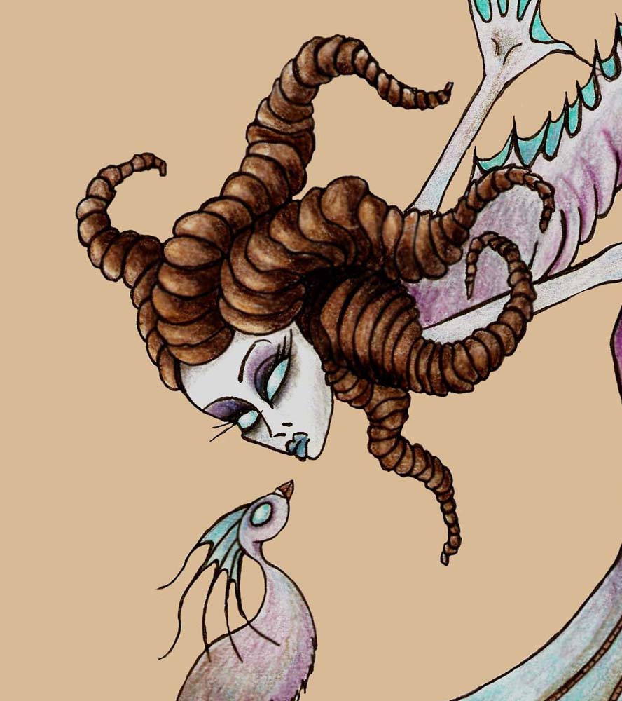 Fantasy Art Print 11" X 17" Spooky Weird Alien Demon Girl And Bird Strange Bizarre Horns Claws Illustration Drawing