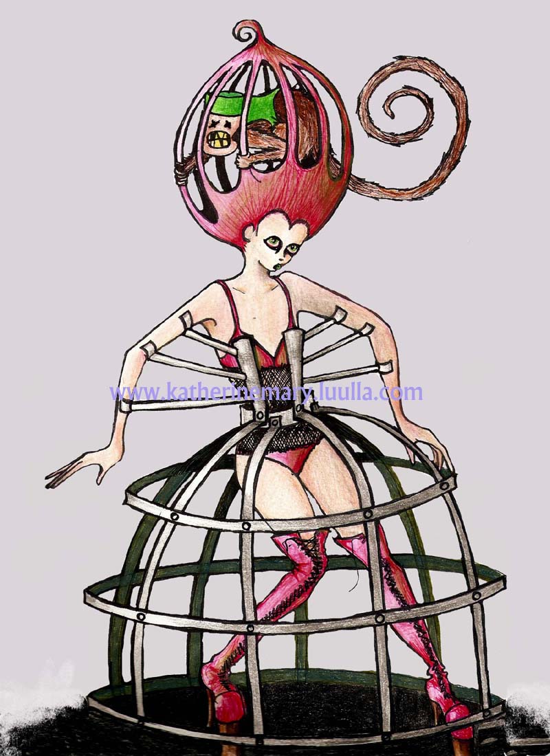 Fantasy Art Print 5 X 7 Goth Lady In A Cage Dress Hoop Skirt Bustle Gown Alternative Gothic Strange Pink Monkey High Fashion Haute Couture