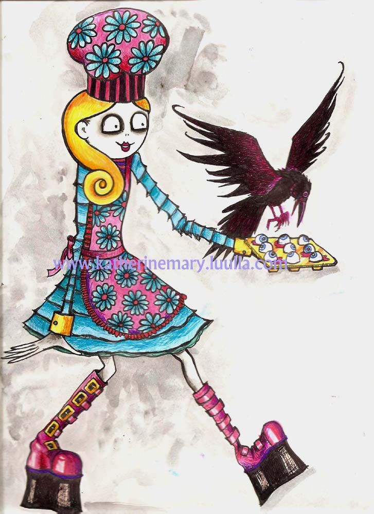 Goth Art Print 5 X 7 Creepy Weird Crazy Girl Drawing Painting Illustration Big Eye Eyeballs Baking Creepy-cute Pink Blue Colorful Strange