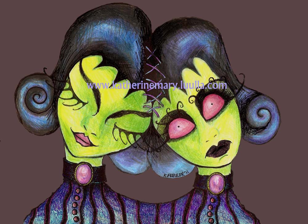 Siamese Twins 5 X 7 Art Print Zombies Dark Fantasy Fairy Faery Creepy Gothic Painting Goth Spooky Hallowe'en Bipolar Gore Horror